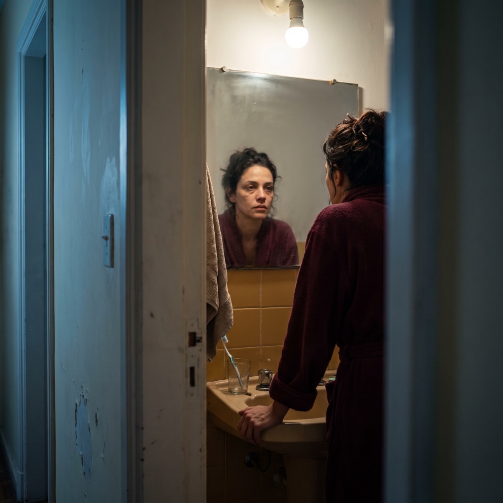 Mulher olhando o próprio reflexo no espelho do banheiro à noite